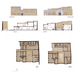 Plan, coupes et façades du centre d'interprétation des archives Tiguemmi N'Tamazirt à la Médina de Tiznit